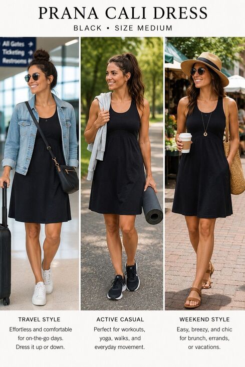 Prana Dresses & Skirts - prAna Cali Active Black Dress Women M  Racerback Shift Fit Flare Built In Bra